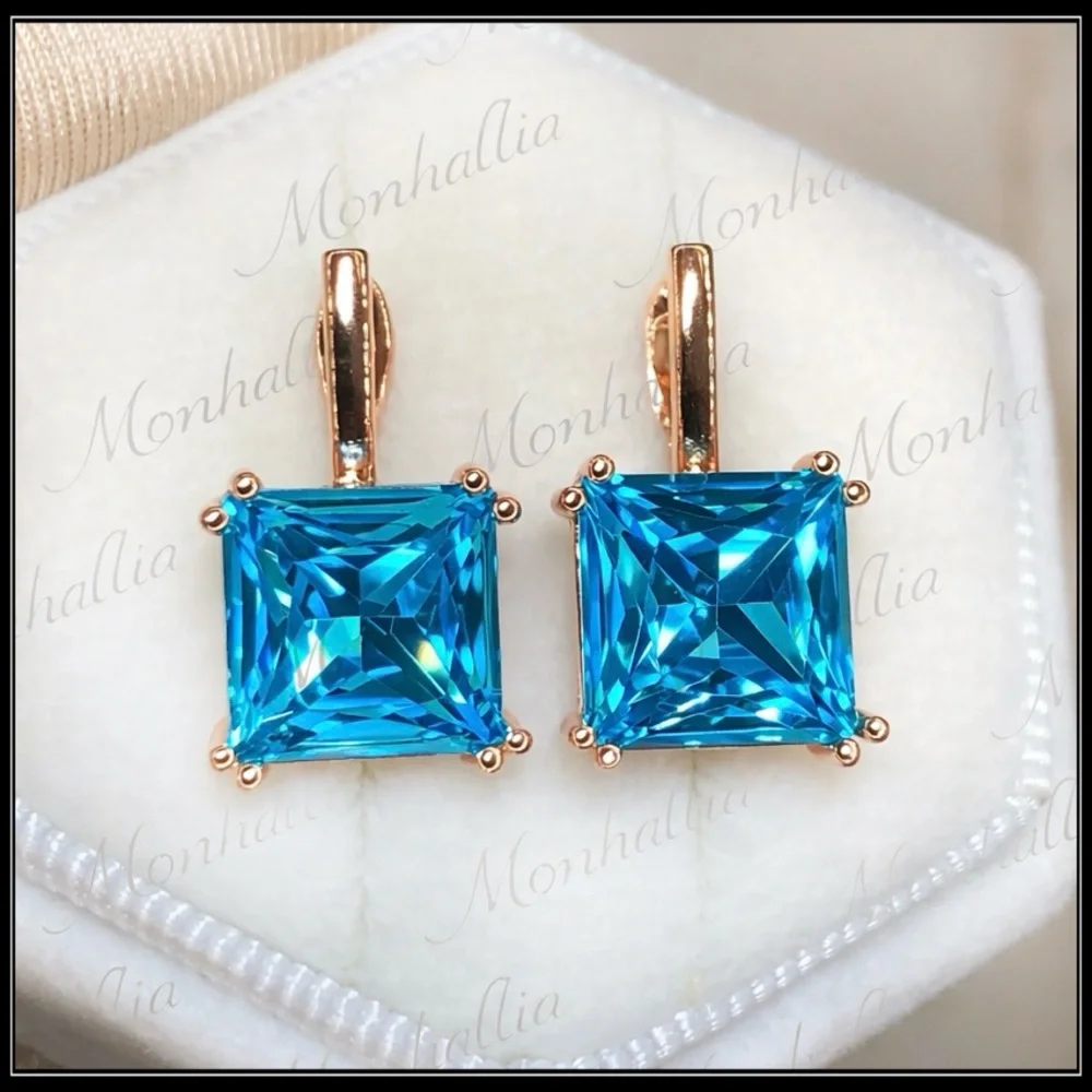 NEW 585 ROSE GOLD BLUE TOPAZ PRISM SQUARE CUT HOOK EARRINGS